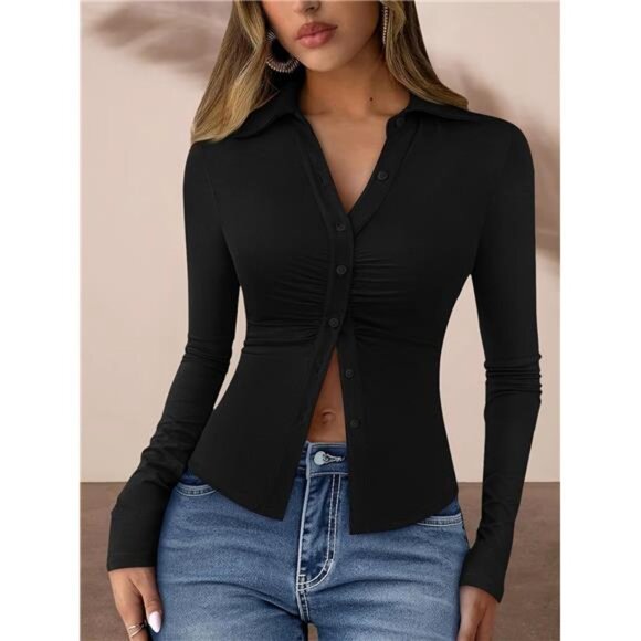 Womens Button Down Shirts V Neck Slim Fit Black - Picture 5 of 5